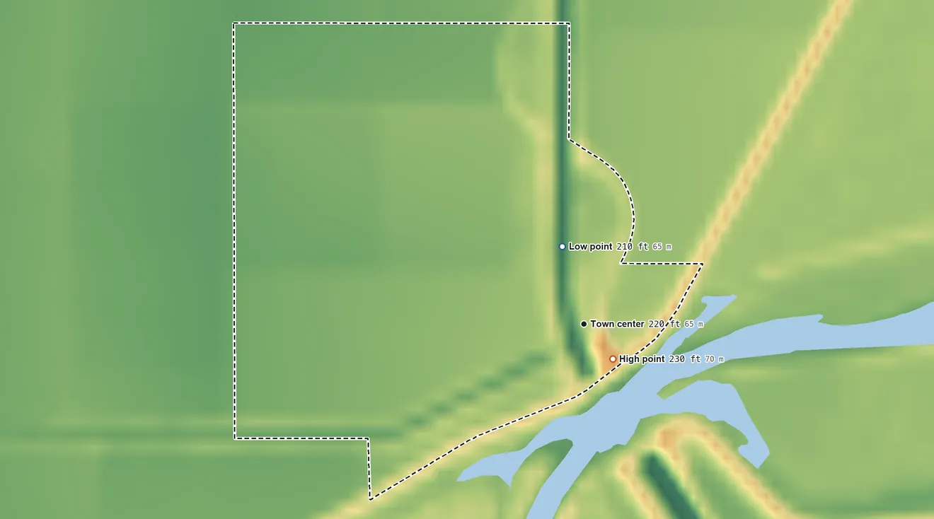 Topographic elevation map of Rivervale, Arkansas, shaded from 210 ft on the north side to 230 ft near the middle