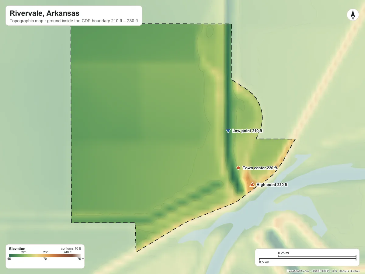 Topographic elevation map of Rivervale, Arkansas, shaded from 210 ft on the north side to 230 ft near the middle