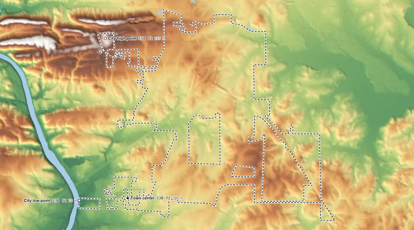 Topographic elevation map of Rockport, Arkansas, shaded from 230 ft on the west side to 550 ft on the north side