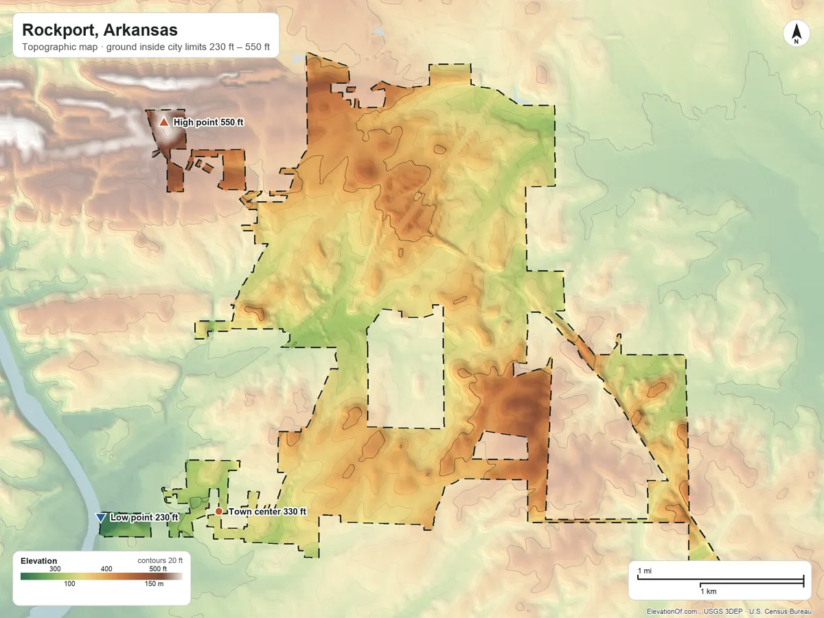 Topographic elevation map of Rockport, Arkansas, shaded from 230 ft on the west side to 550 ft on the north side