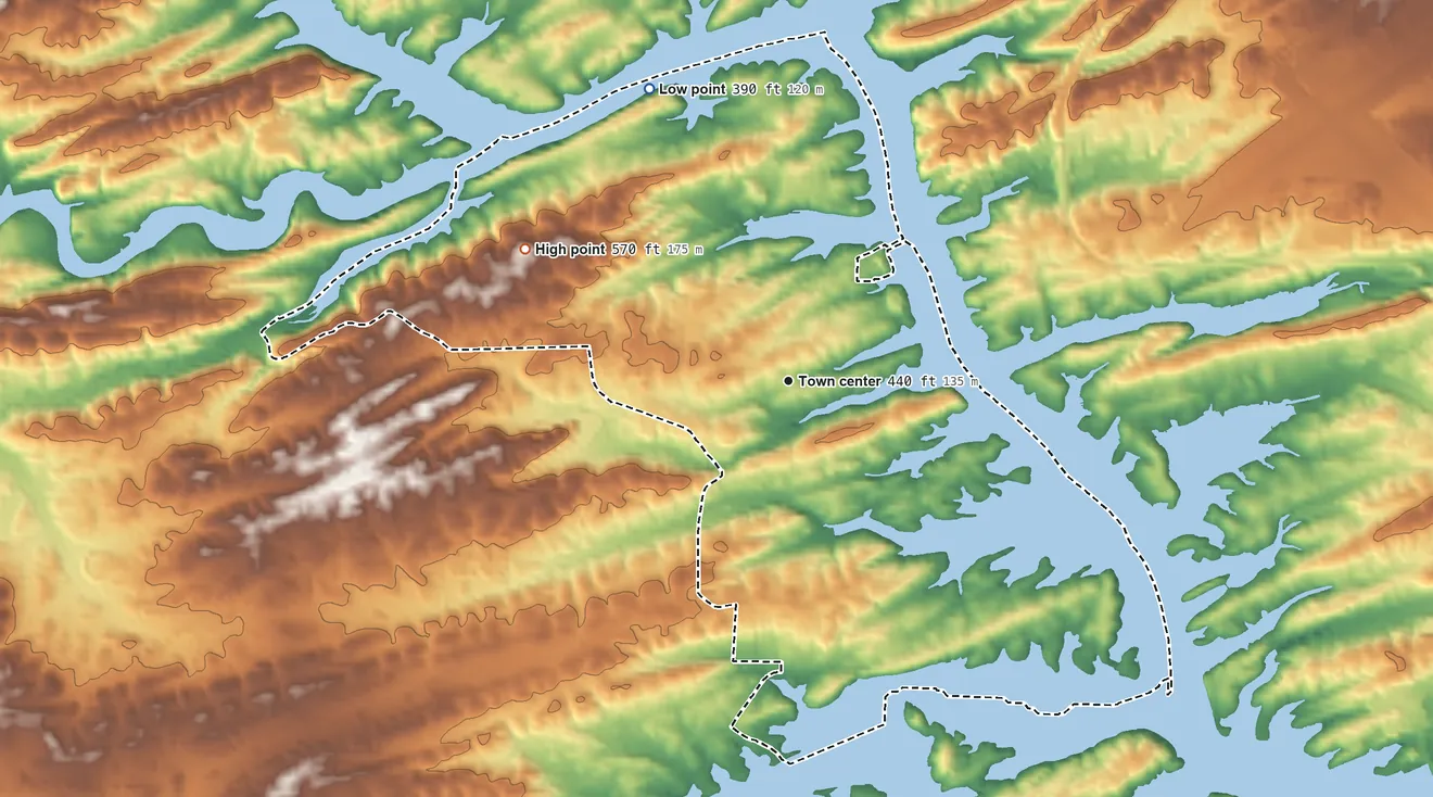 Topographic elevation map of Rockwell, Arkansas, shaded from 390 ft on the northwest side to 570 ft on the northwest side