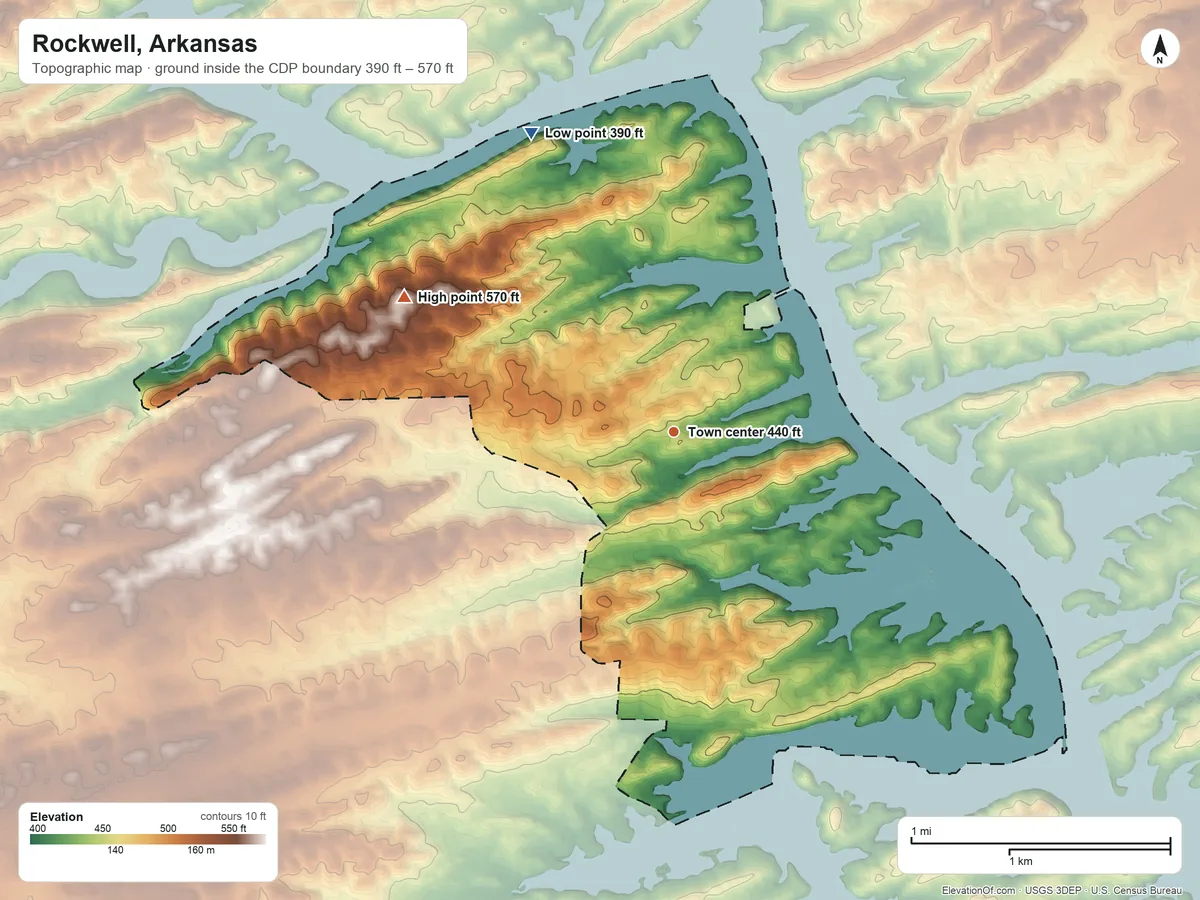 Topographic elevation map of Rockwell, Arkansas, shaded from 390 ft on the northwest side to 570 ft on the northwest side