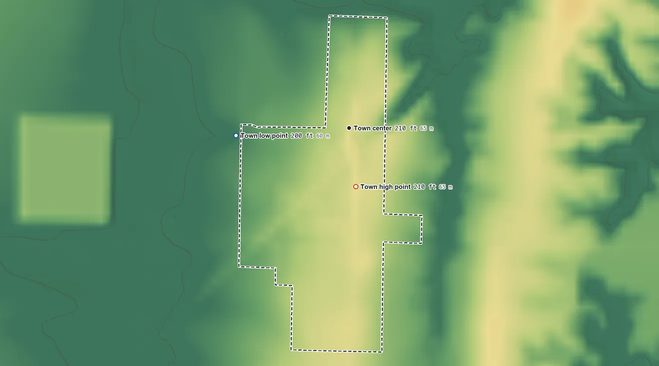 Topographic elevation map of Roe, Arkansas, shaded from 200 ft on the west side to 210 ft on the south side