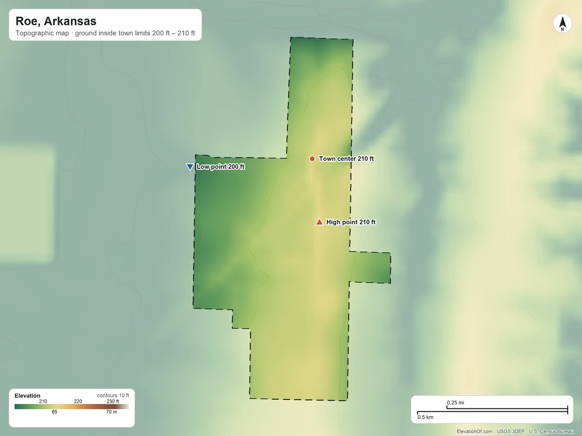 Topographic elevation map of Roe, Arkansas, shaded from 200 ft on the west side to 210 ft on the south side
