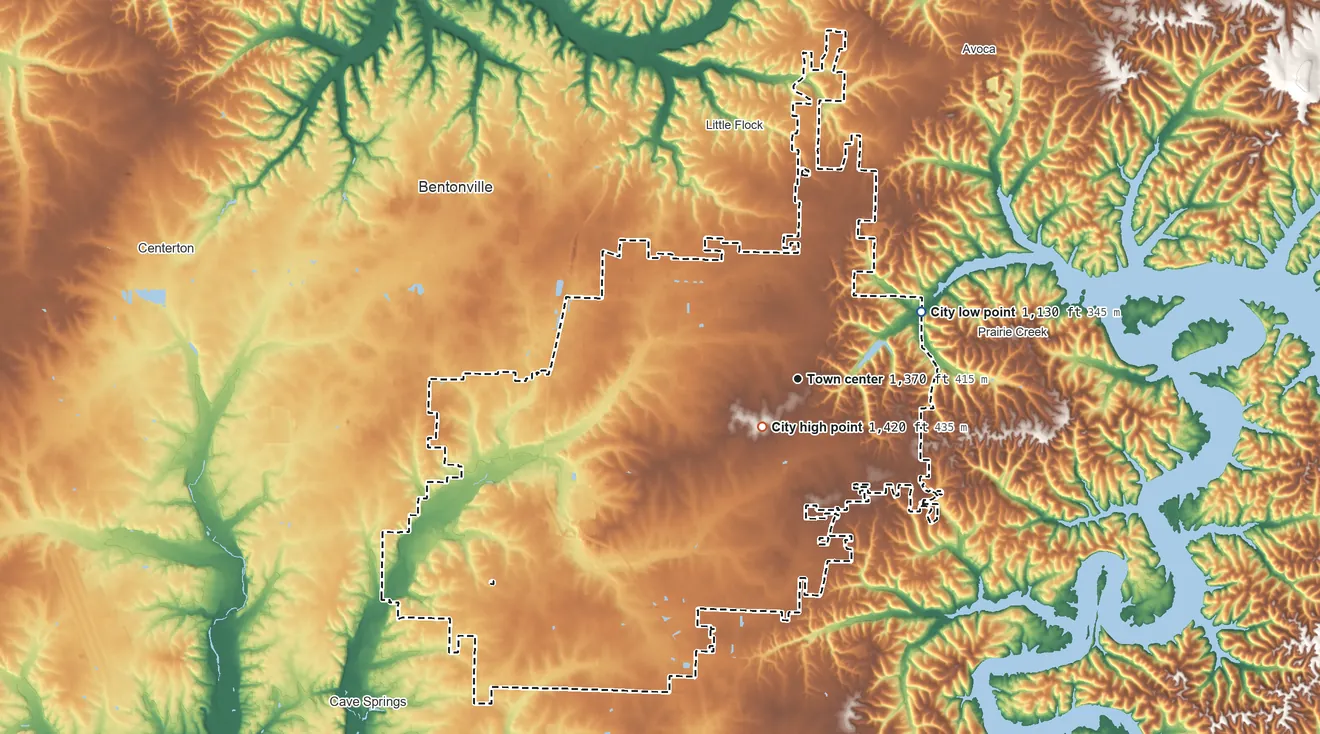 Topographic elevation map of Rogers, Arkansas, shaded from 1,130 ft on the northeast side to 1,420 ft near the middle