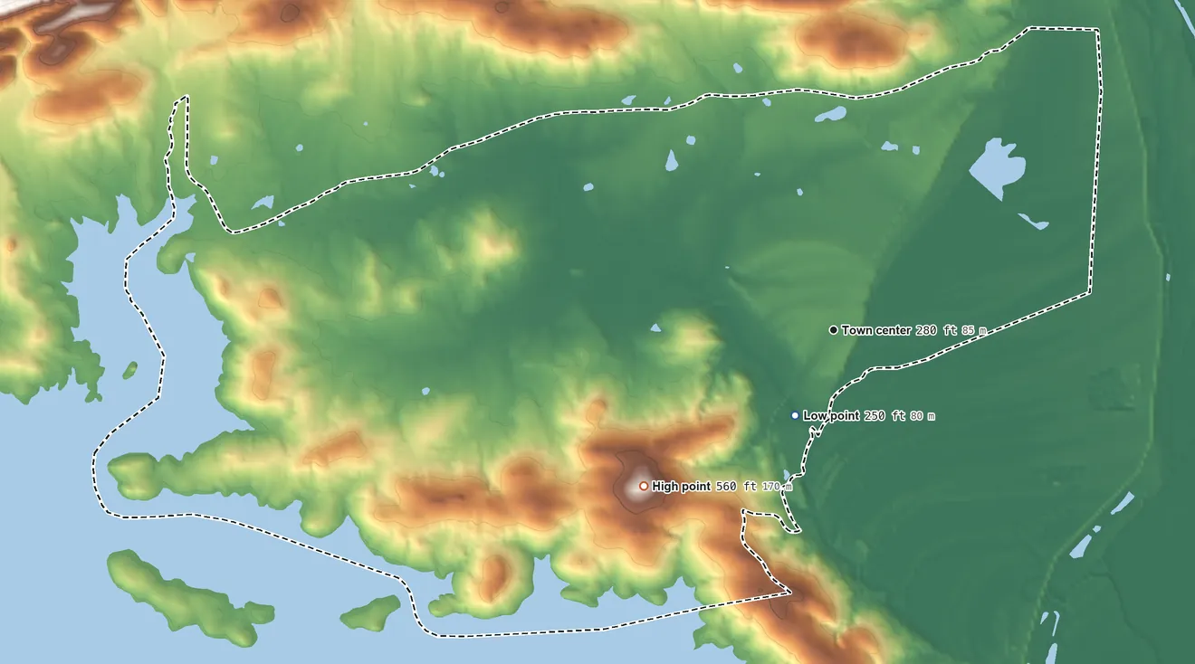Topographic elevation map of Roland, Arkansas, shaded from 250 ft near the middle to 560 ft on the southwest side