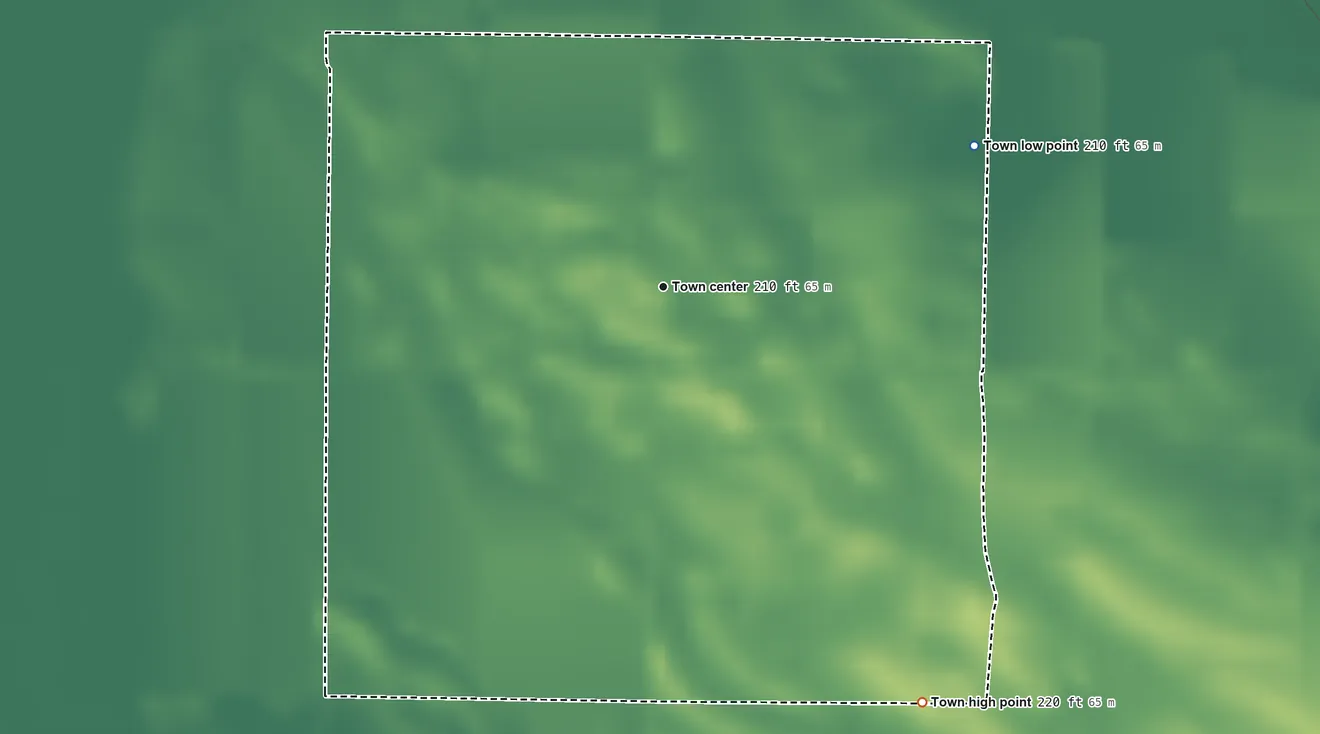 Topographic elevation map of Rondo, Arkansas, shaded from 210 ft on the northeast side to 220 ft on the southeast side