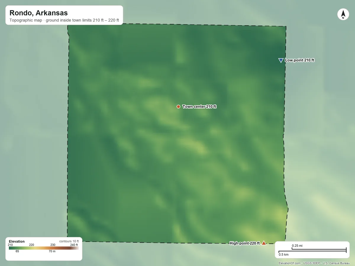 Topographic elevation map of Rondo, Arkansas, shaded from 210 ft on the northeast side to 220 ft on the southeast side