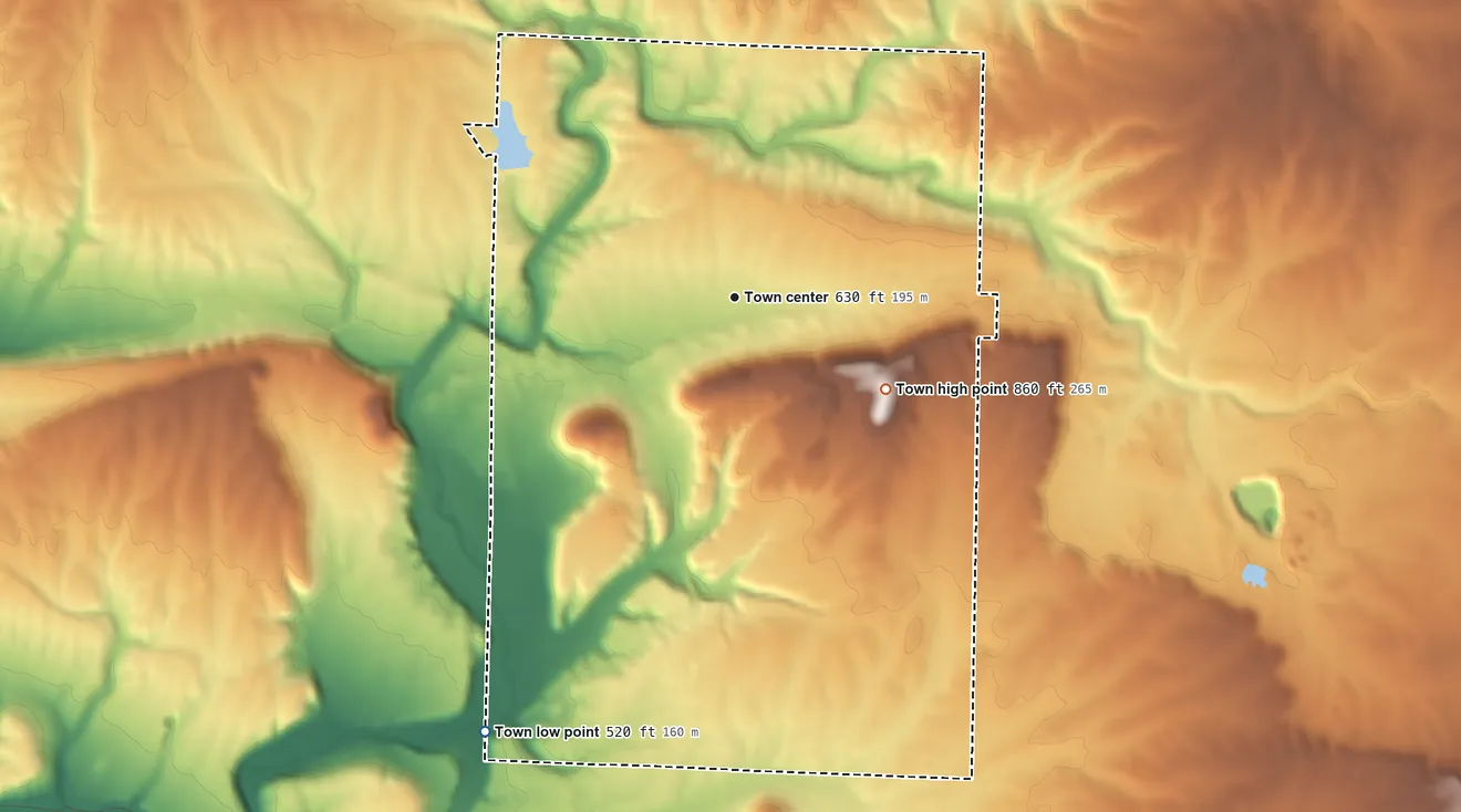 Topographic elevation map of Rose Bud, Arkansas, shaded from 520 ft on the southwest side to 860 ft on Schoolhouse Hill