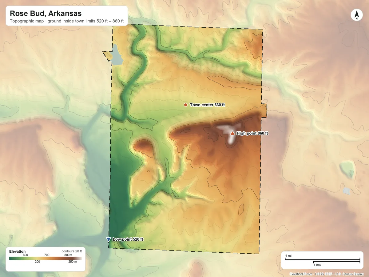 Topographic elevation map of Rose Bud, Arkansas, shaded from 520 ft on the southwest side to 860 ft on Schoolhouse Hill