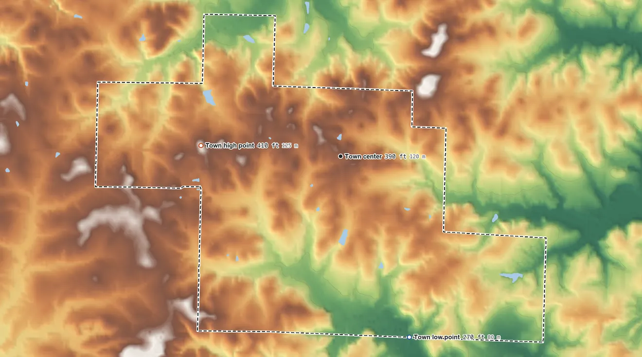Topographic elevation map of Rosston, Arkansas, shaded from 270 ft on the south side to 410 ft on the west side