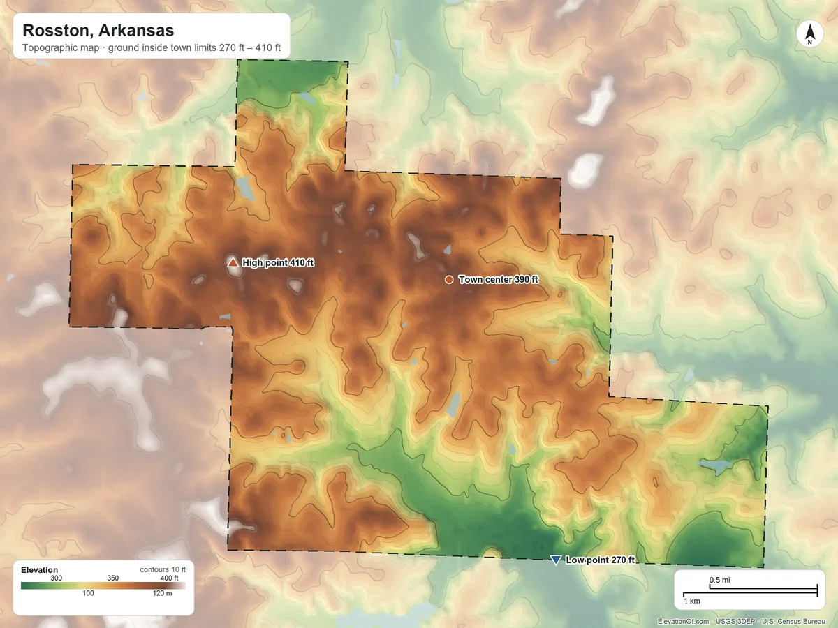 Topographic elevation map of Rosston, Arkansas, shaded from 270 ft on the south side to 410 ft on the west side