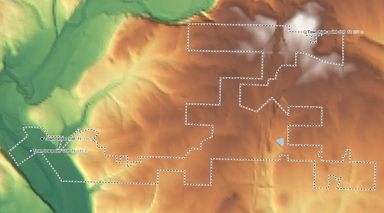 Topographic elevation map of Rudy, Arkansas, shaded from 480 ft near the middle to 880 ft on the east side