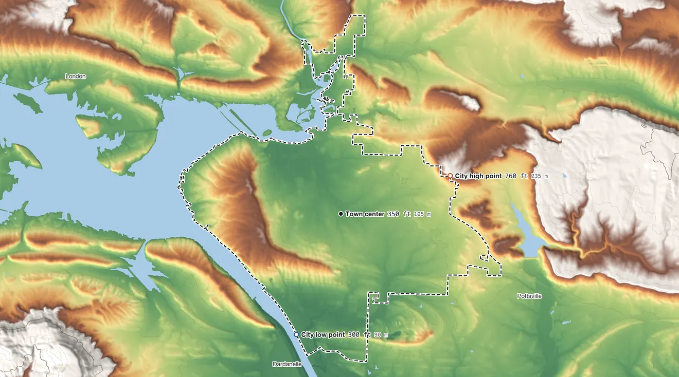 Topographic elevation map of Russellville, Arkansas, shaded from 300 ft on the south side to 760 ft on the east side