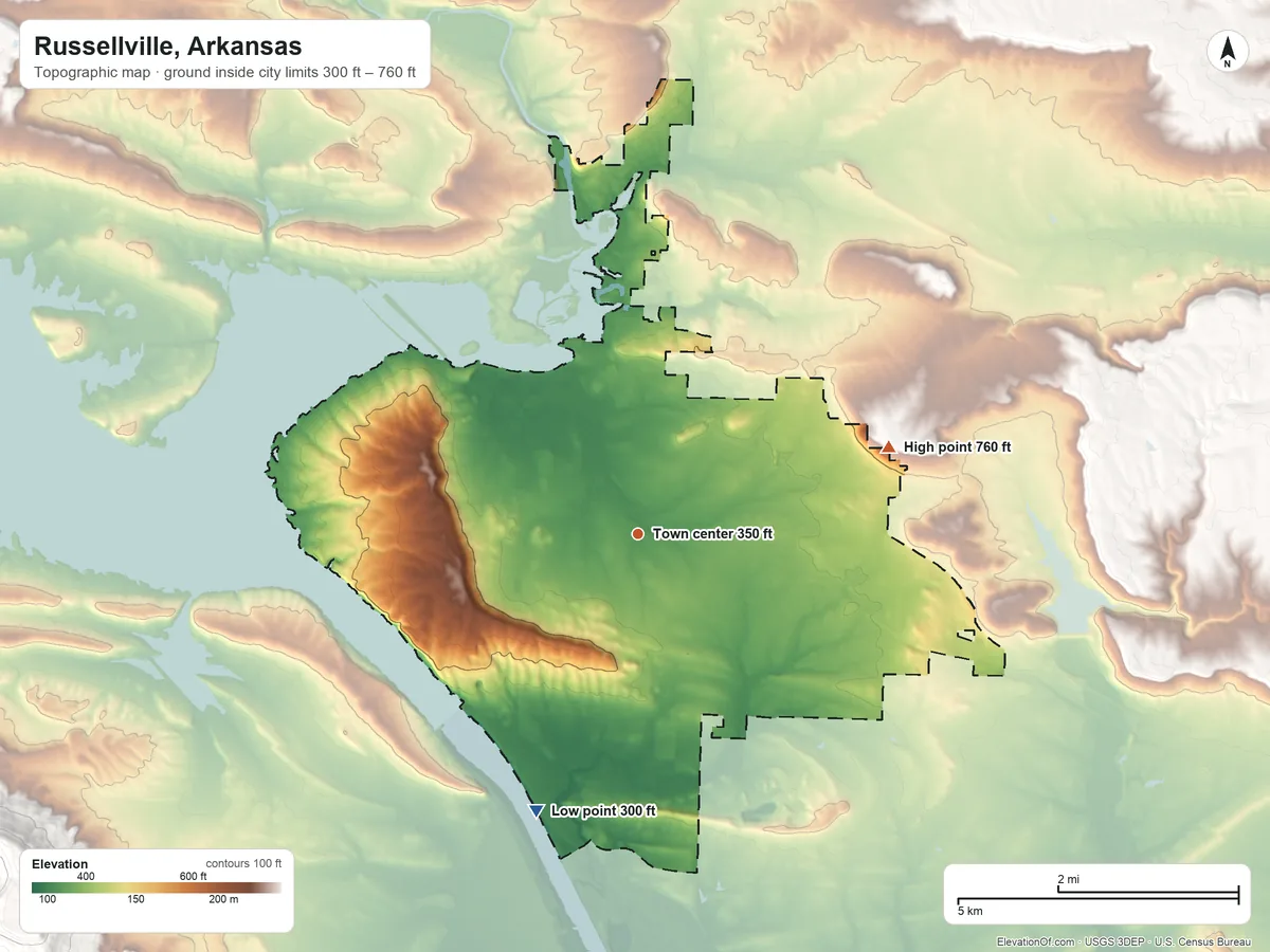 Topographic elevation map of Russellville, Arkansas, shaded from 300 ft on the south side to 760 ft on the east side