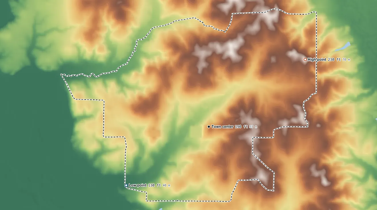Topographic elevation map of Rye, Arkansas, shaded from 130 ft on the southwest side to 230 ft on the northeast side