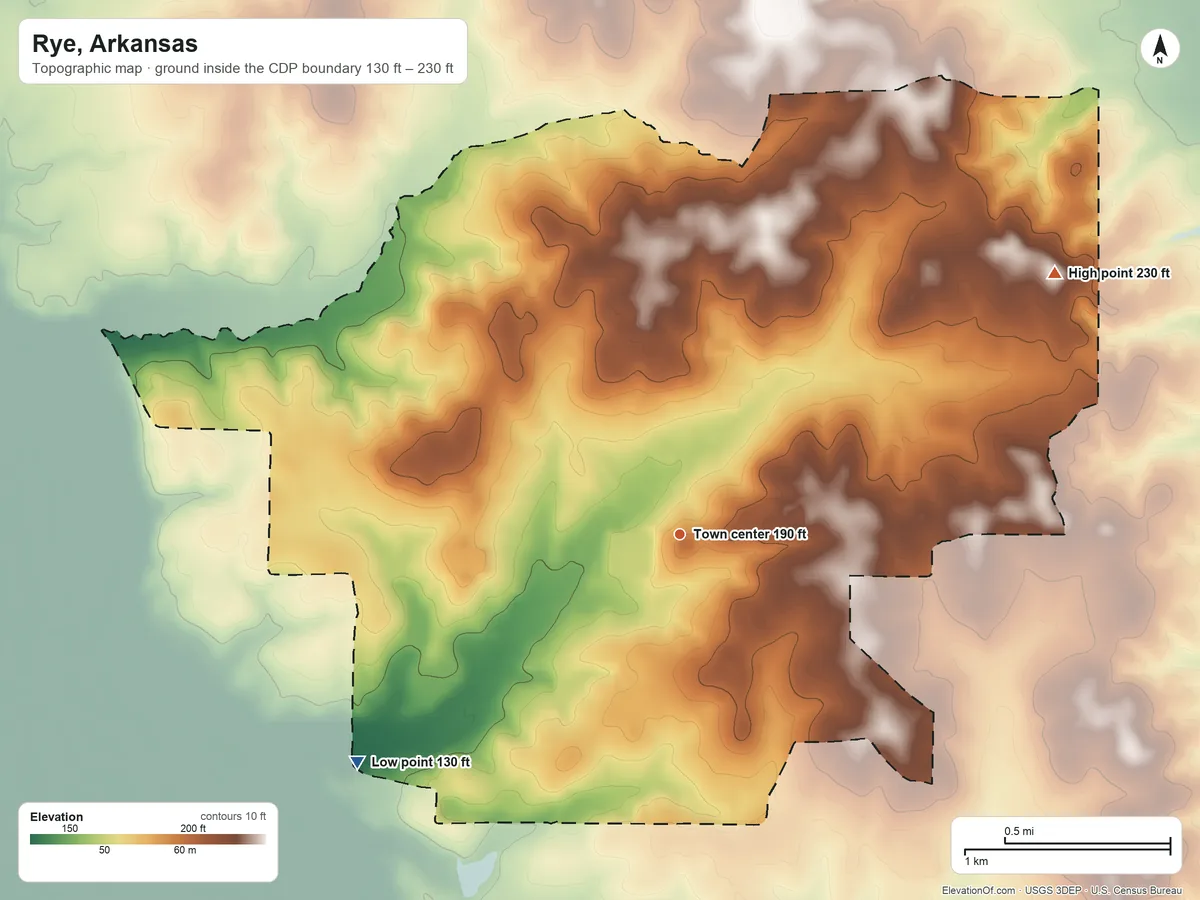 Topographic elevation map of Rye, Arkansas, shaded from 130 ft on the southwest side to 230 ft on the northeast side