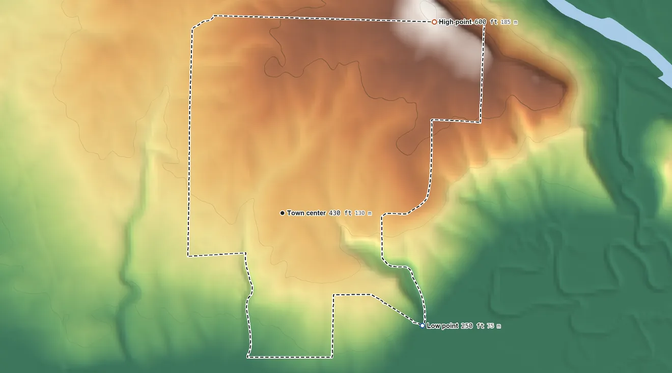 Topographic elevation map of Salado, Arkansas, shaded from 250 ft on the southeast side to 600 ft on the northeast edge, below higher ground just outside
