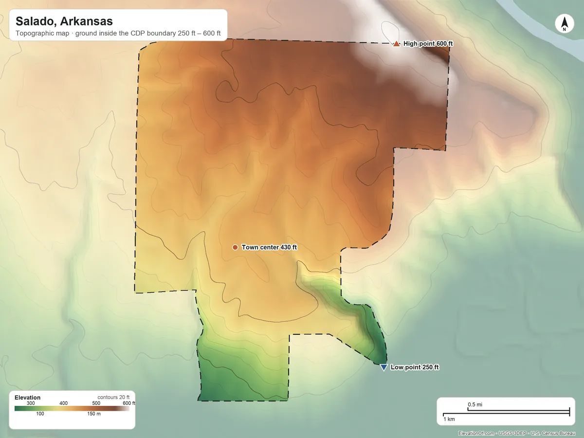 Topographic elevation map of Salado, Arkansas, shaded from 250 ft on the southeast side to 600 ft on the northeast edge, below higher ground just outside