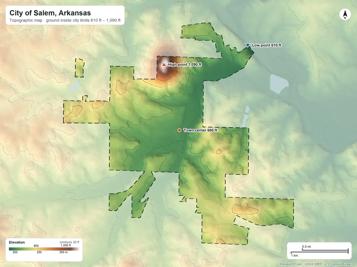 Topographic elevation map of City of Salem, Arkansas, shaded from 610 ft on the northeast side to 1,090 ft on Salem Knob
