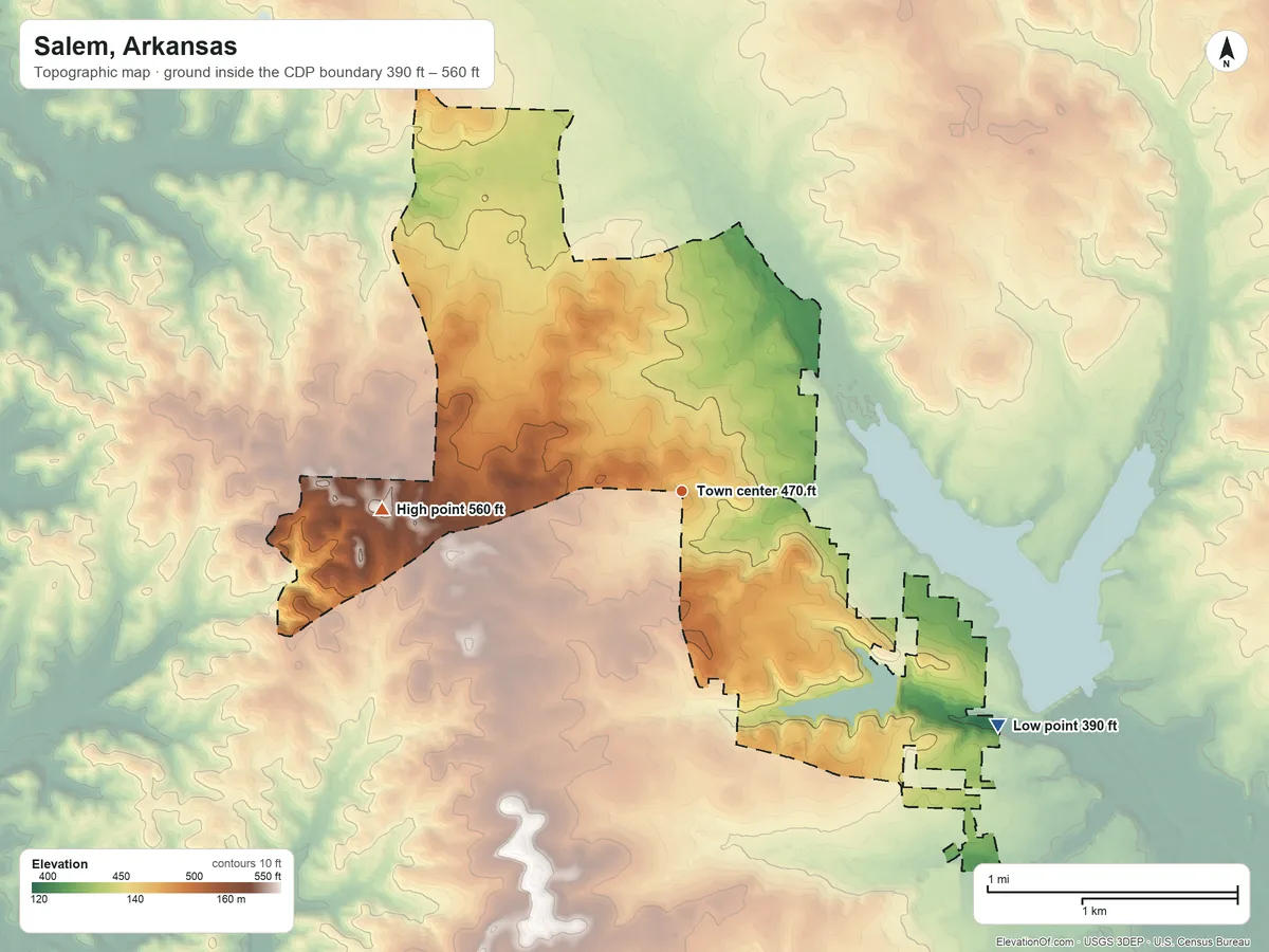 Topographic elevation map of Salem, Arkansas, shaded from 390 ft on the southeast side to 560 ft on the west side
