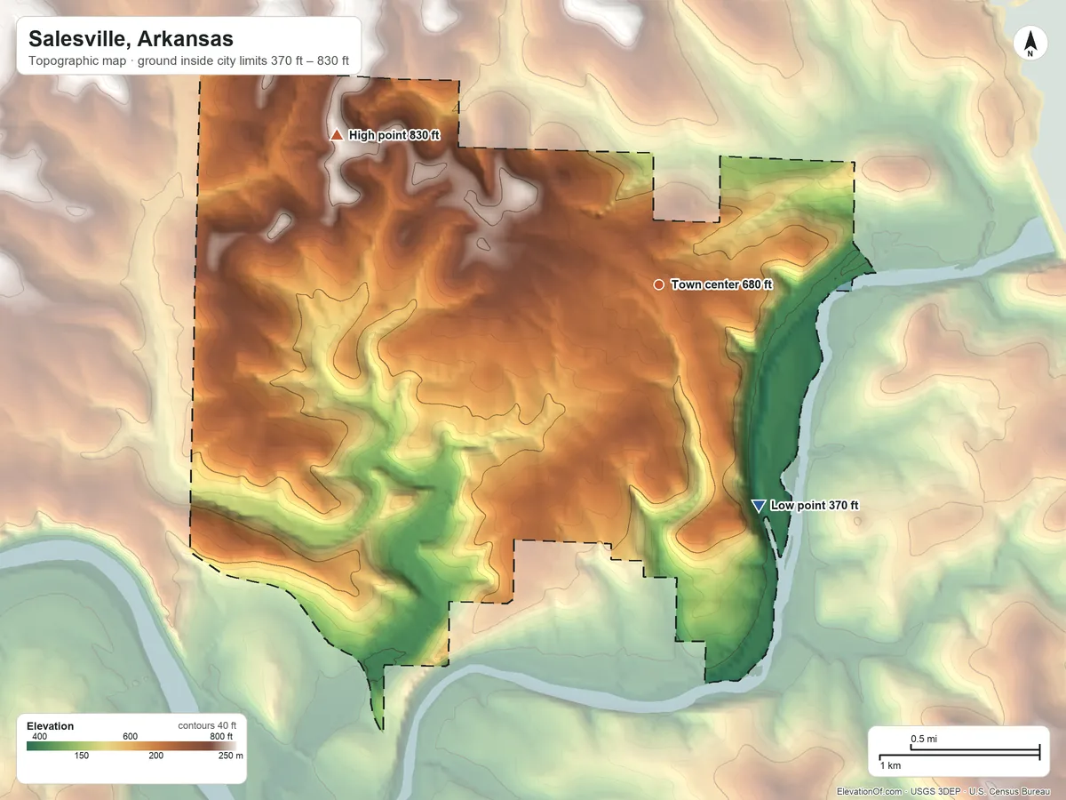 Topographic elevation map of Salesville, Arkansas, shaded from 370 ft on the southeast side to 830 ft on the northwest side