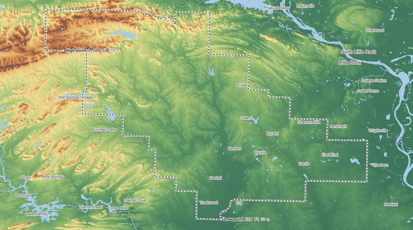 Topographic elevation map of Saline County, Arkansas, shaded from 220 ft on the south side to 1,800 ft on the northwest side