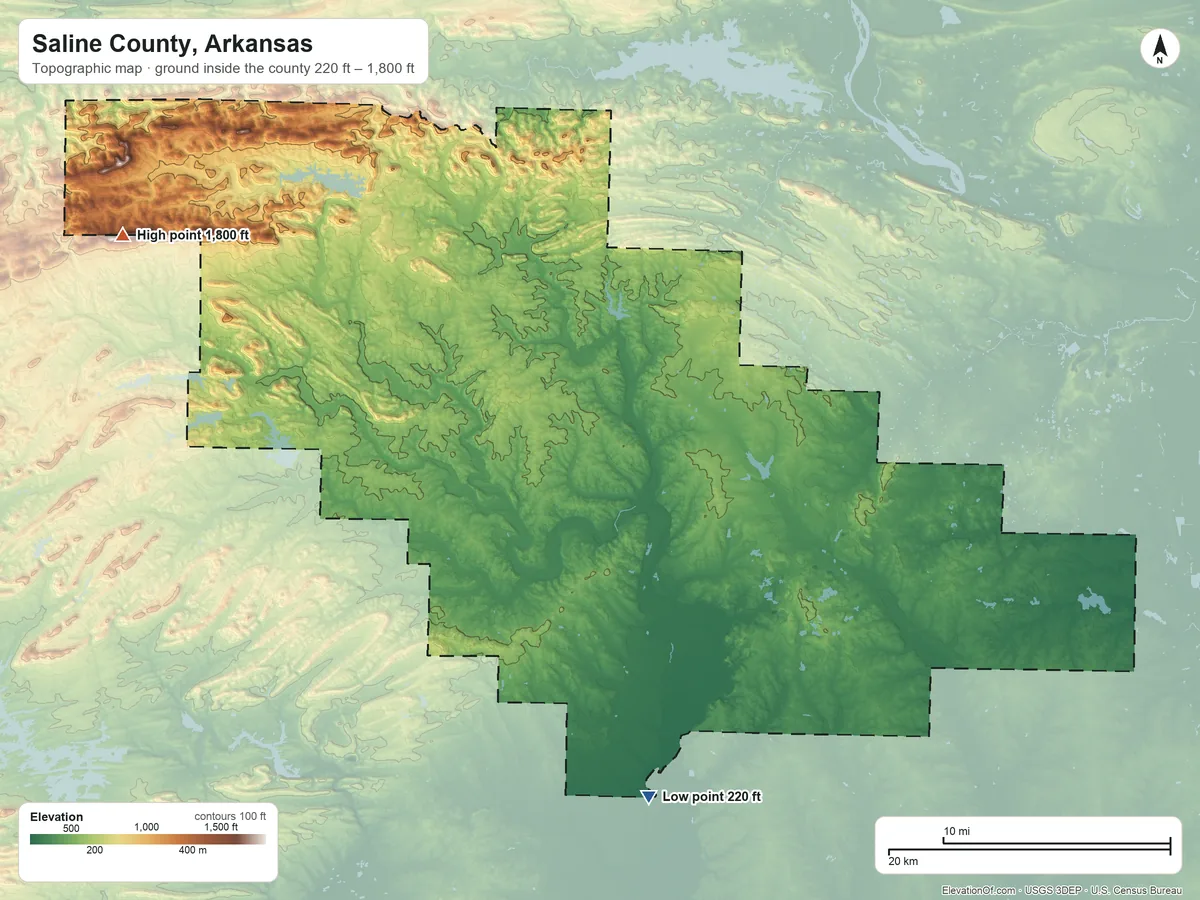 Topographic elevation map of Saline County, Arkansas, shaded from 220 ft on the south side to 1,800 ft on the northwest side