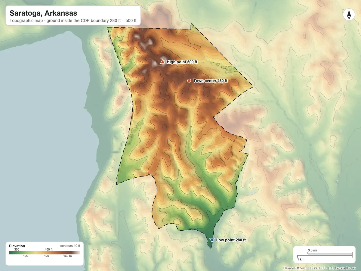 Topographic elevation map of Saratoga, Arkansas, shaded from 280 ft on the south side to 500 ft on the northwest side