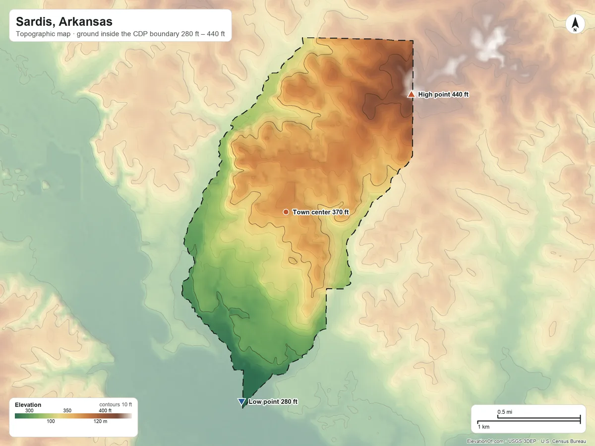 Topographic elevation map of Sardis, Arkansas, shaded from 280 ft on the south side to 440 ft on the northeast side