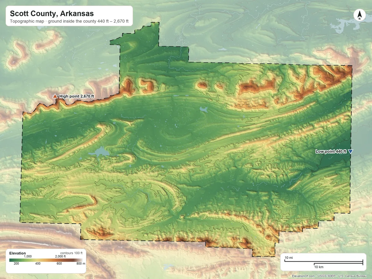 Topographic elevation map of Scott County, Arkansas, shaded from 440 ft on the east side to 2,670 ft on Poteau Mountain