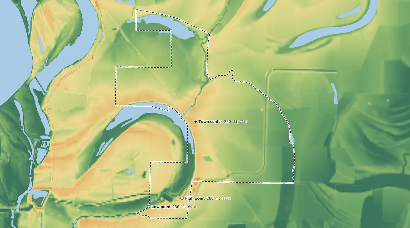 Topographic elevation map of Scott, Arkansas, shaded from 230 ft on the southwest side to 260 ft on the south side