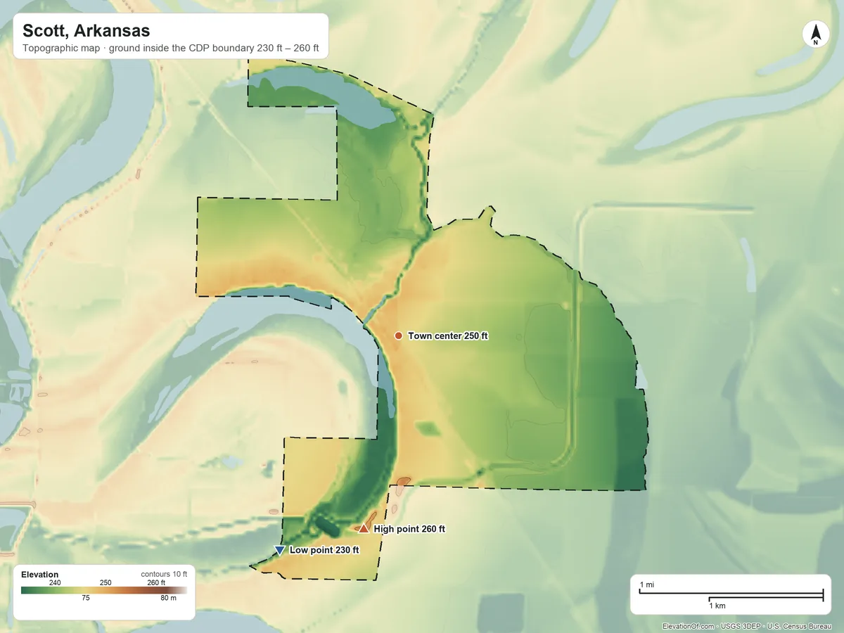 Topographic elevation map of Scott, Arkansas, shaded from 230 ft on the southwest side to 260 ft on the south side