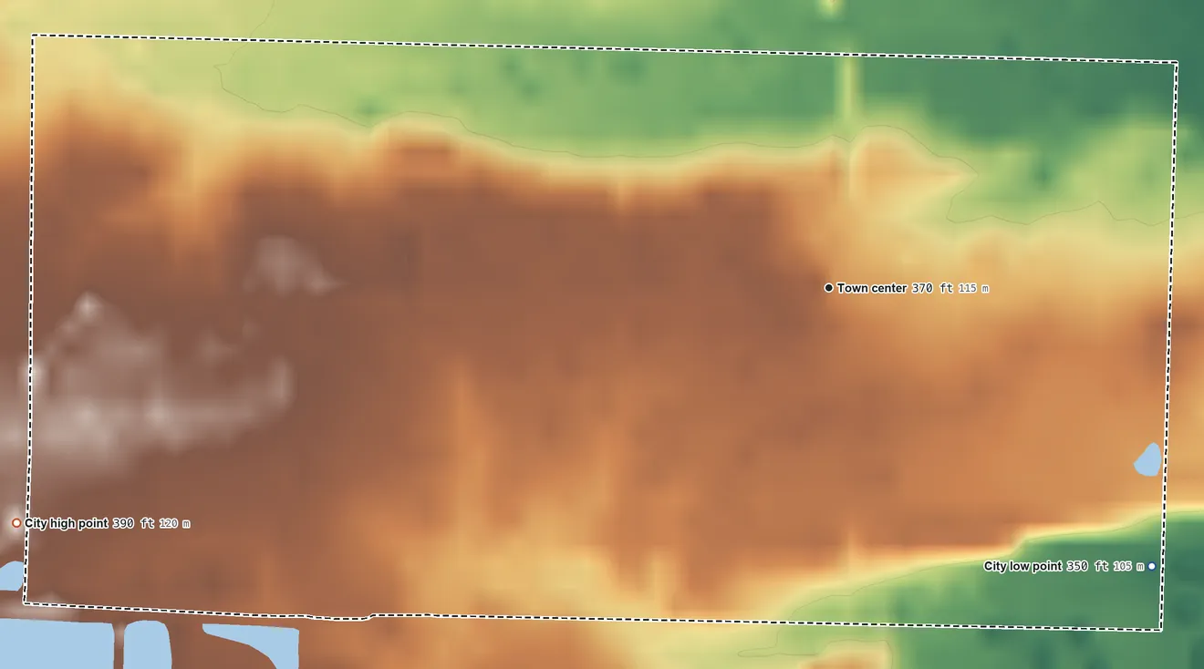 Topographic elevation map of Scranton, Arkansas, shaded from 350 ft on the southeast side to 390 ft on the west side