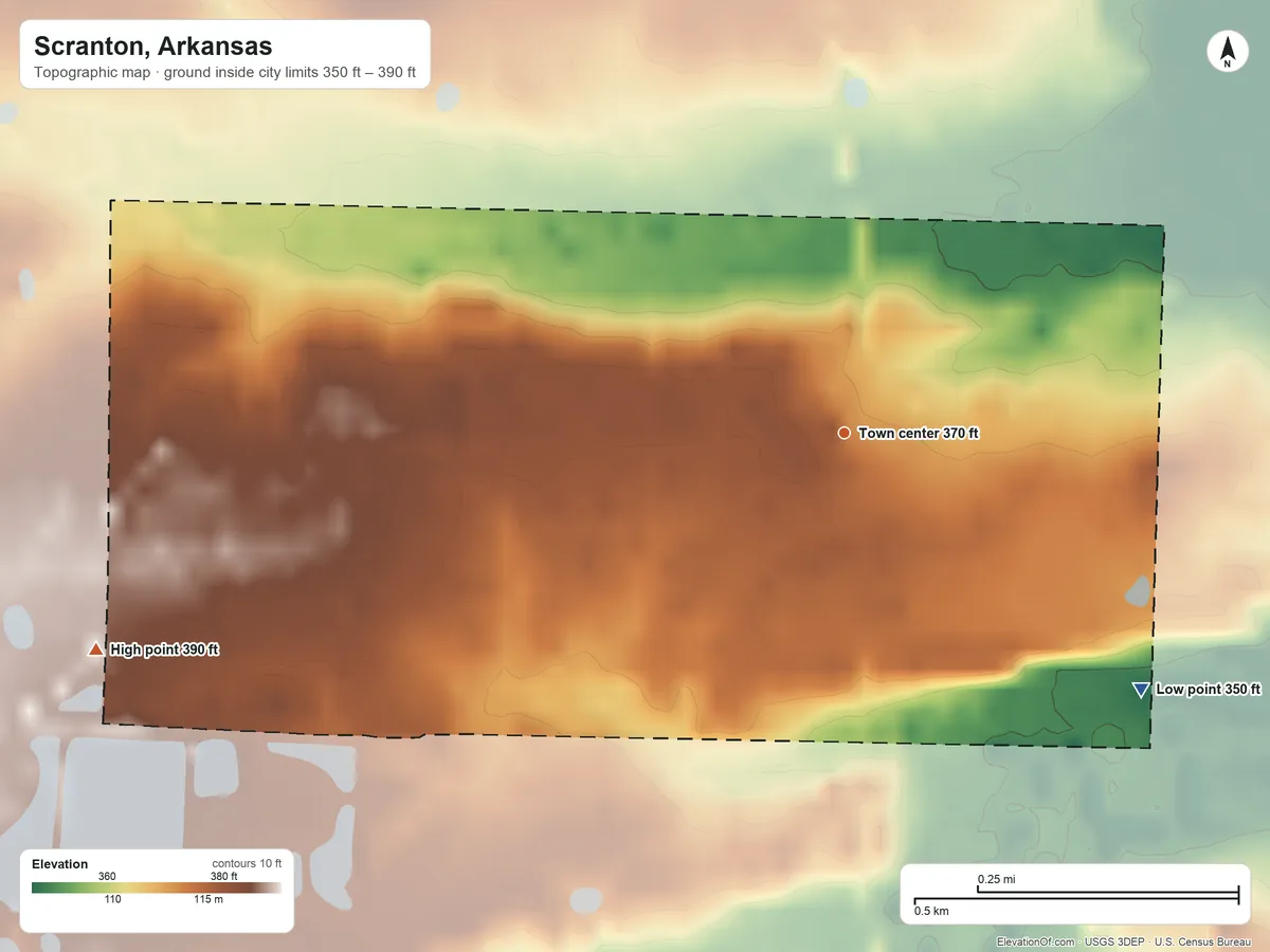 Topographic elevation map of Scranton, Arkansas, shaded from 350 ft on the southeast side to 390 ft on the west side