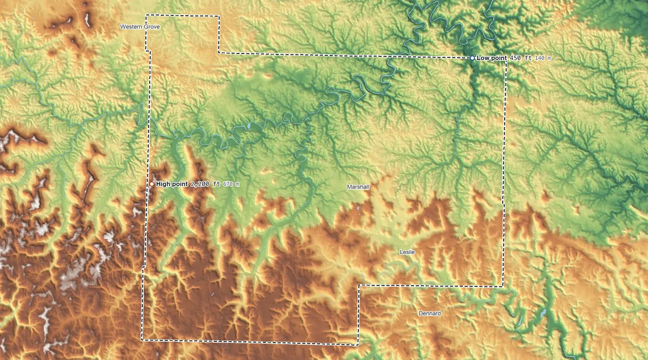 Topographic elevation map of Searcy County, Arkansas, shaded from 450 ft on the northeast side to 2,200 ft on Horn Mountain