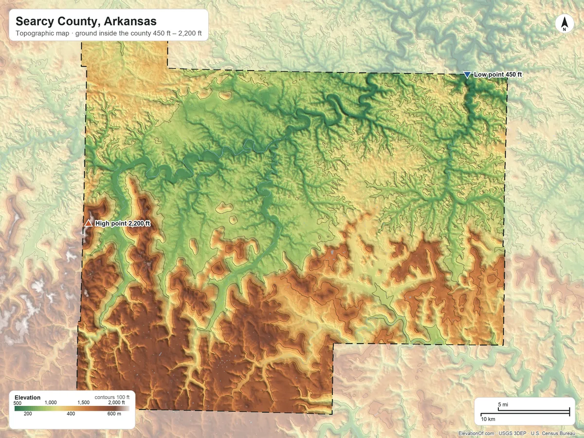 Topographic elevation map of Searcy County, Arkansas, shaded from 450 ft on the northeast side to 2,200 ft on Horn Mountain