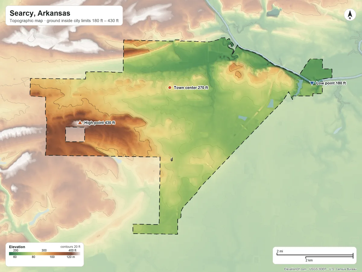 Topographic elevation map of Searcy, Arkansas, shaded from 180 ft on the east side to 430 ft on the west side