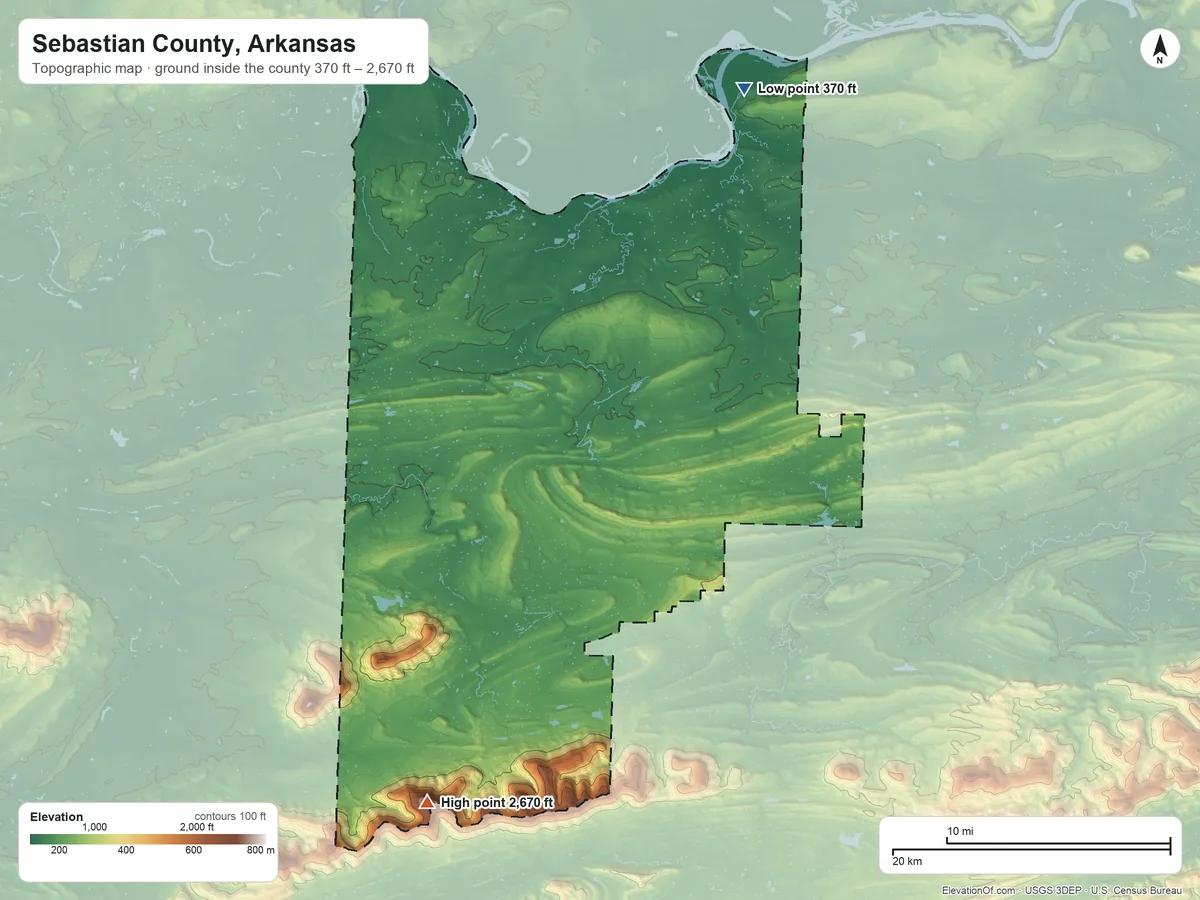Topographic elevation map of Sebastian County, Arkansas, shaded from 370 ft on the north side to 2,670 ft on Poteau Mountain