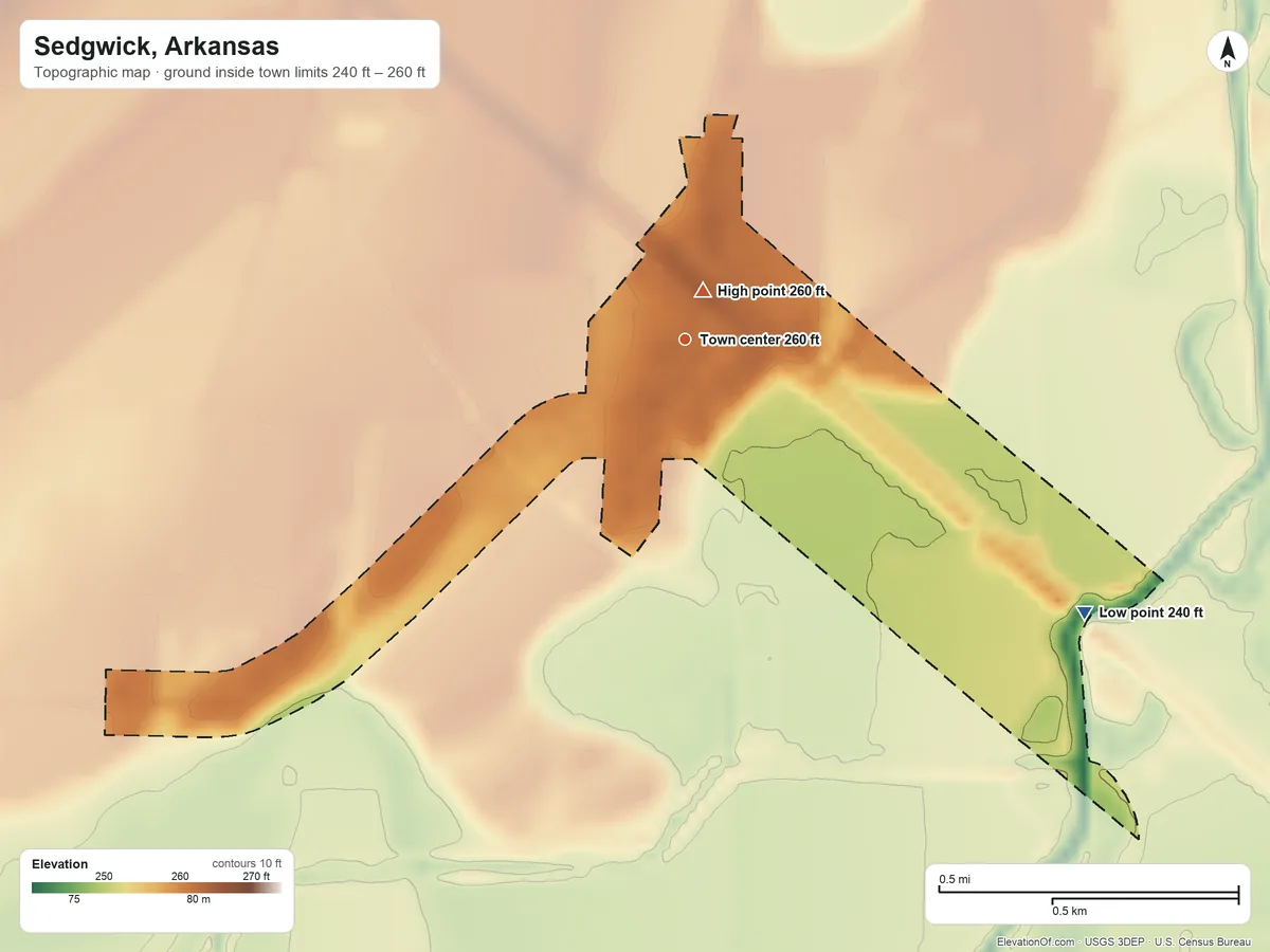 Topographic elevation map of Sedgwick, Arkansas, shaded from 240 ft on the southeast side to 260 ft near the middle
