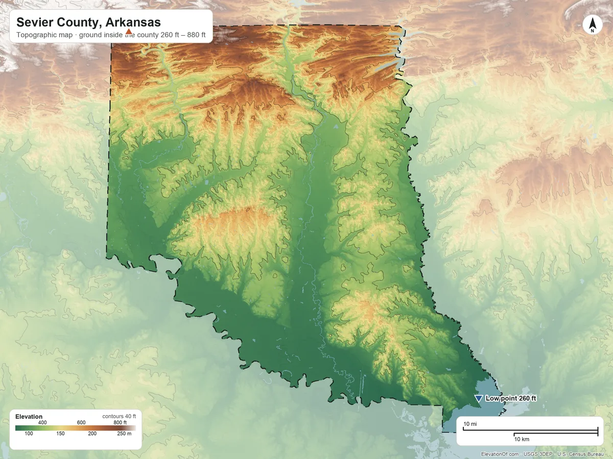 Topographic elevation map of Sevier County, Arkansas, shaded from 260 ft on the southeast side to 880 ft on the northwest side