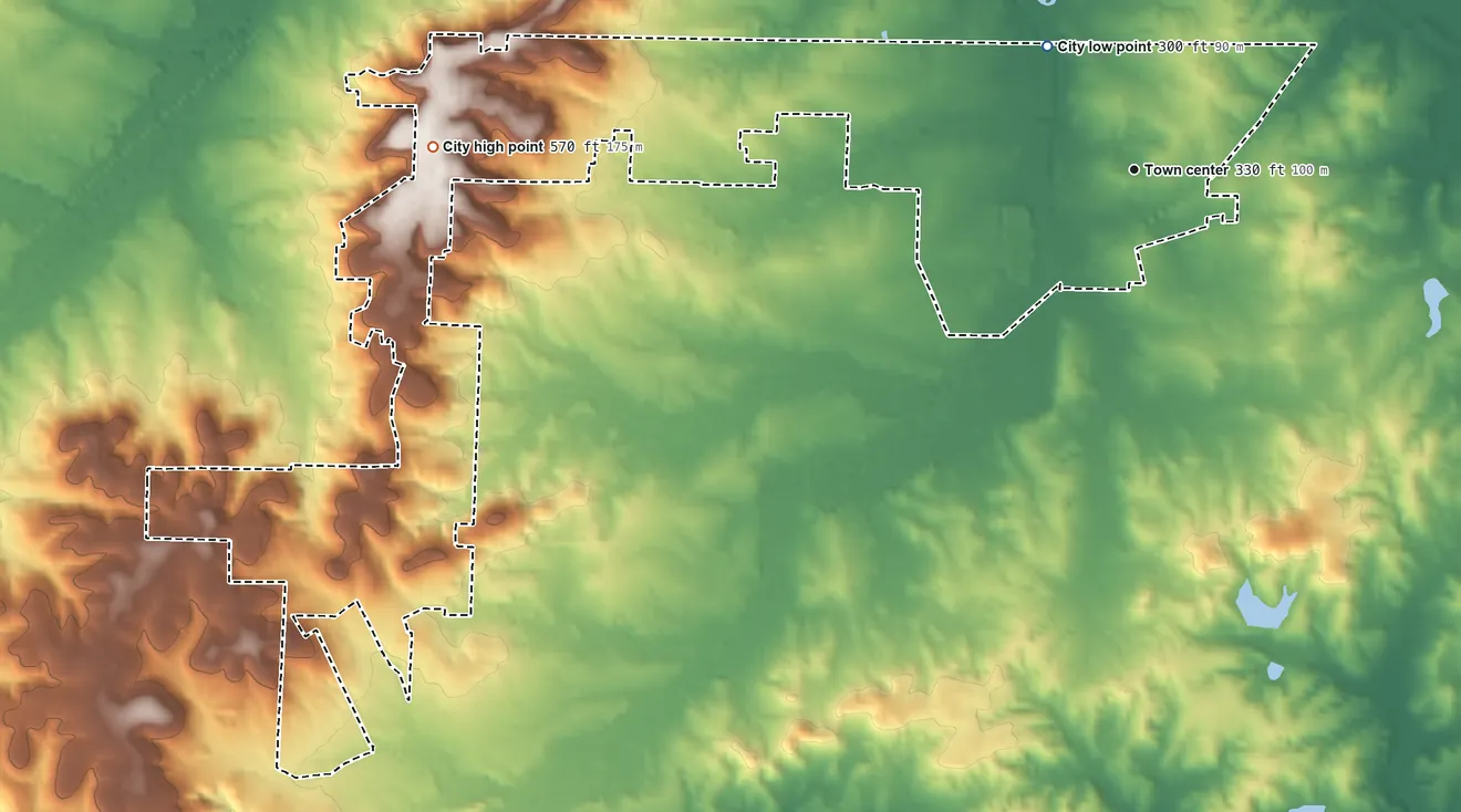 Topographic elevation map of Shannon Hills, Arkansas, shaded from 300 ft on the northwest side to 570 ft on Alexander Mountain