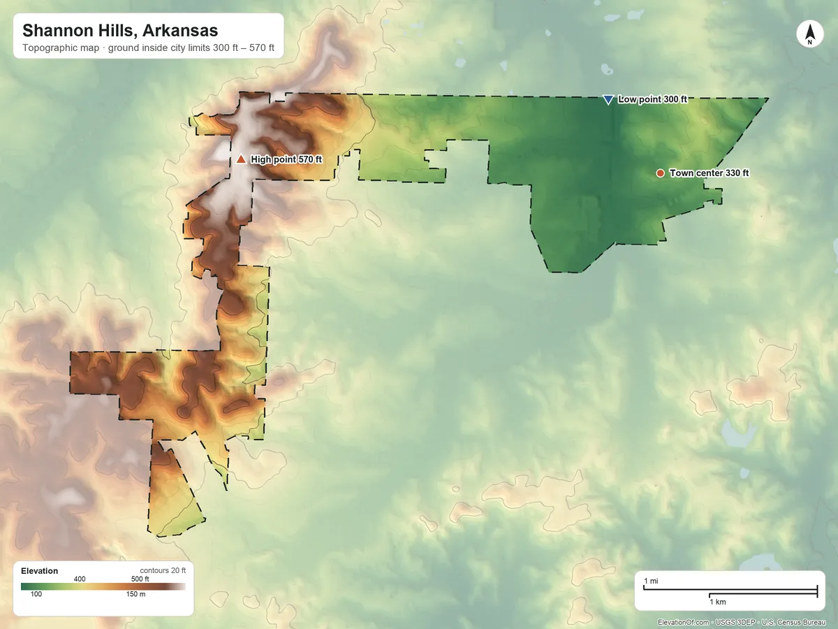 Topographic elevation map of Shannon Hills, Arkansas, shaded from 300 ft on the northwest side to 570 ft on Alexander Mountain