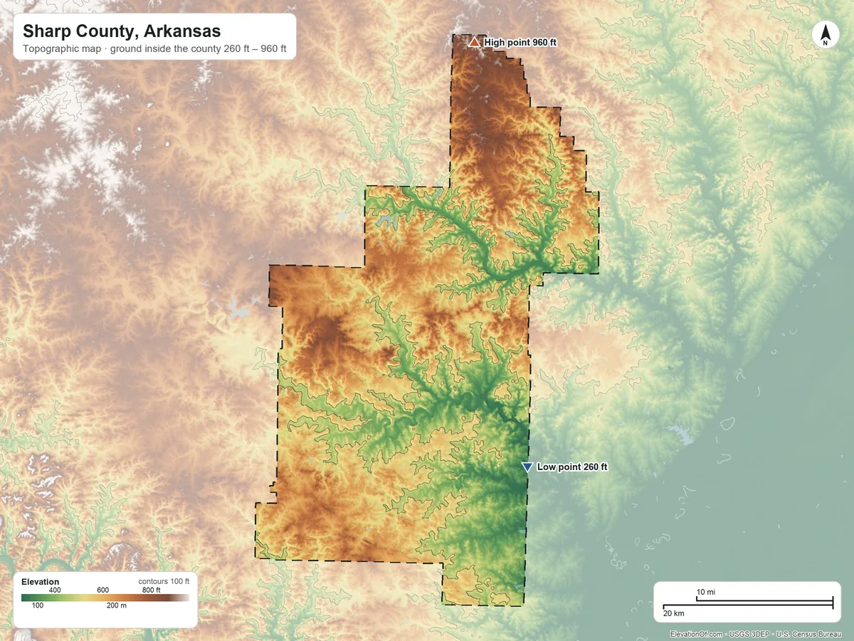 Topographic elevation map of Sharp County, Arkansas, shaded from 260 ft on the southeast side to 960 ft on the north side