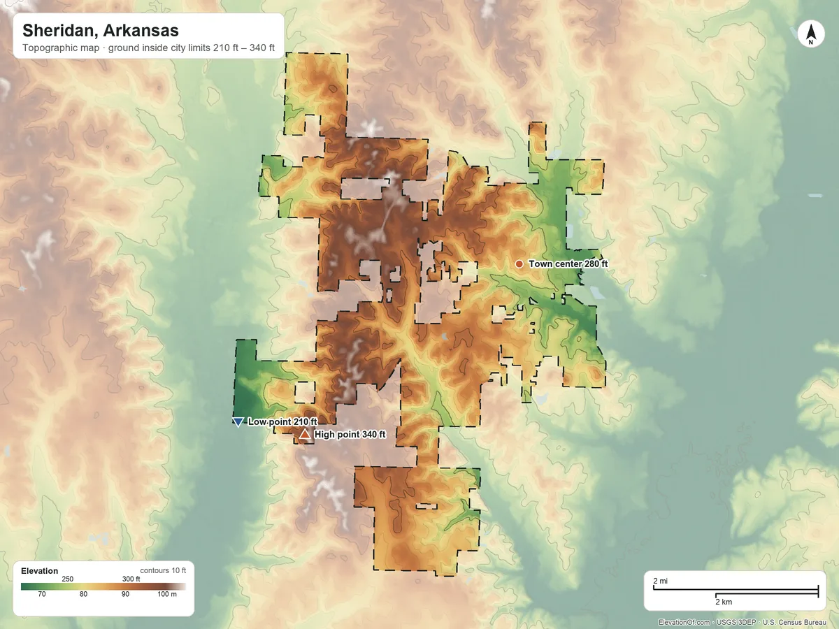 Topographic elevation map of Sheridan, Arkansas, shaded from 210 ft on the southwest side to 340 ft on the southwest side