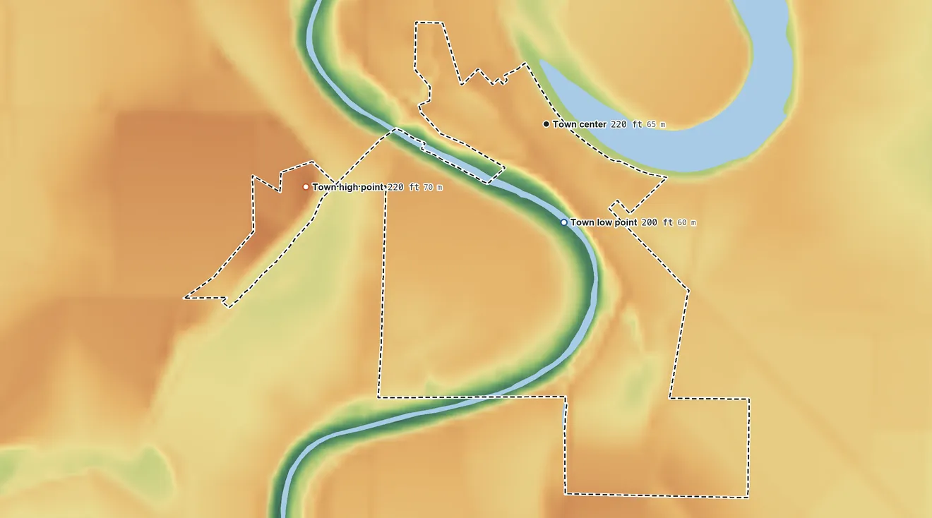 Topographic elevation map of Sherrill, Arkansas, shaded from 200 ft on the south side to 220 ft on the west side