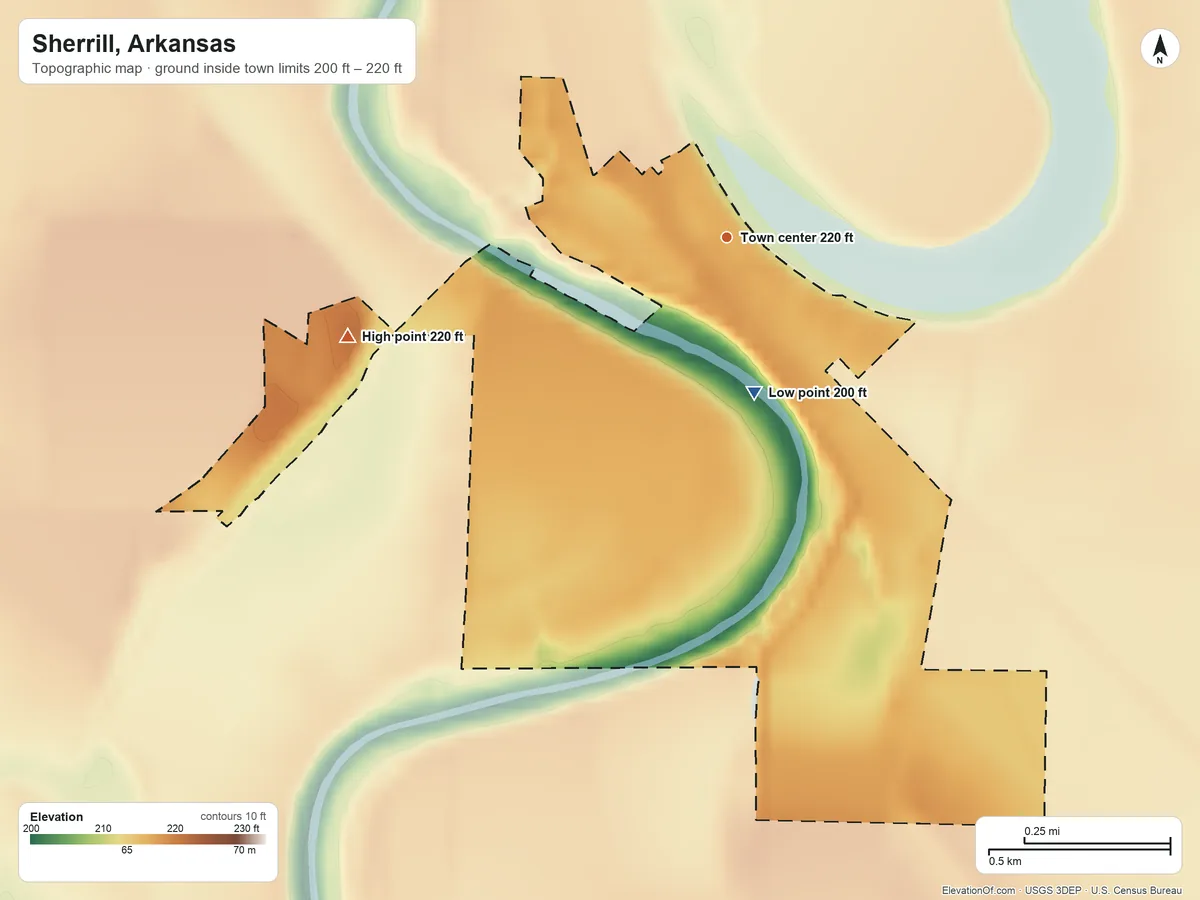 Topographic elevation map of Sherrill, Arkansas, shaded from 200 ft on the south side to 220 ft on the west side