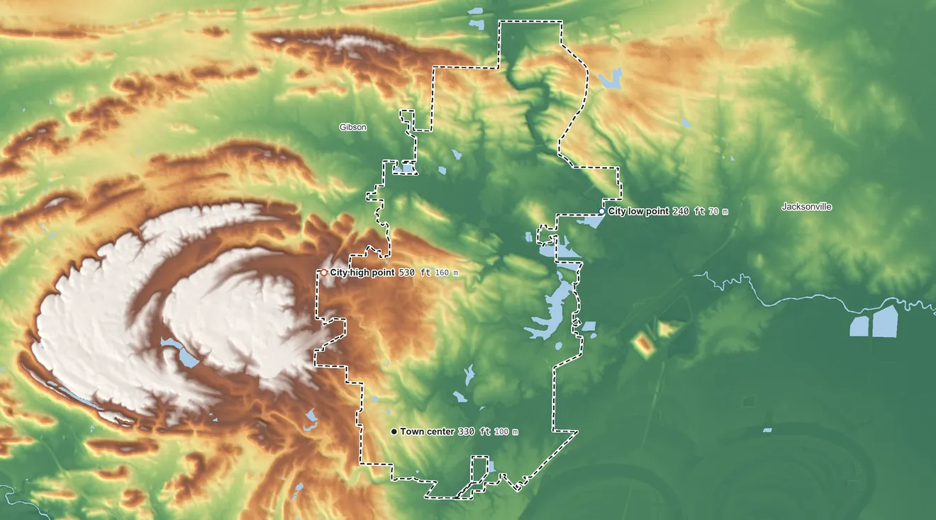 Topographic elevation map of Sherwood, Arkansas, shaded from 240 ft on the northeast side to 530 ft on the northwest side