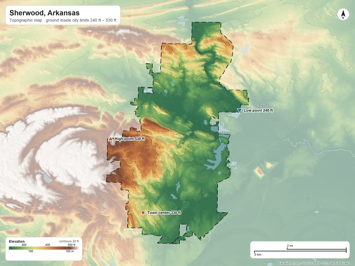 Topographic elevation map of Sherwood, Arkansas, shaded from 240 ft on the northeast side to 530 ft on the northwest side