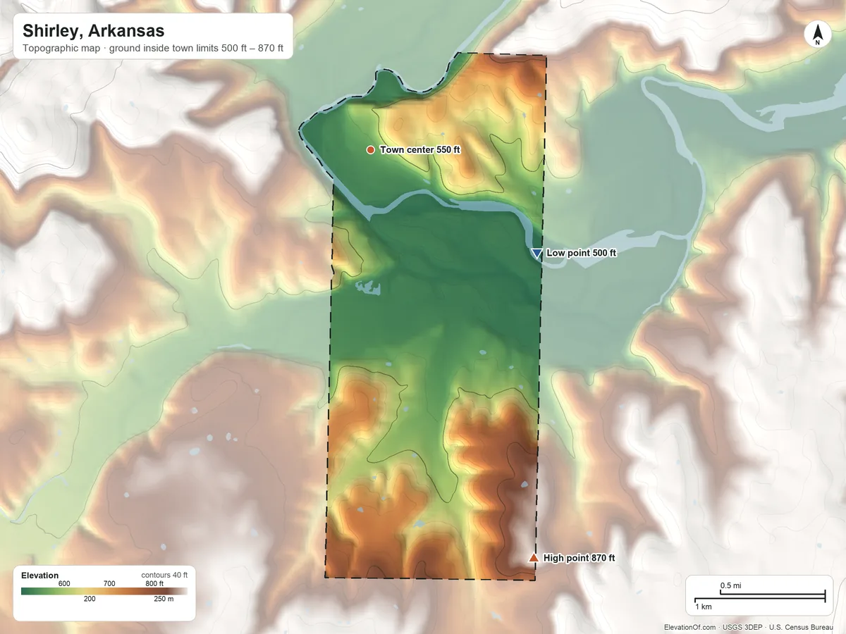 Topographic elevation map of Shirley, Arkansas, shaded from 500 ft on the southeast side to 870 ft on the south side